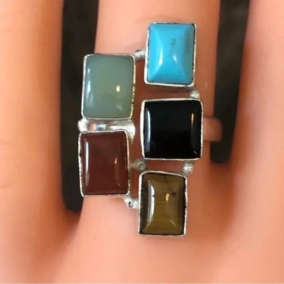 Size 8.5 Multicolor Gemstone 925 Sterling Silver Plated Handmade Ring - Picture 1 of 4